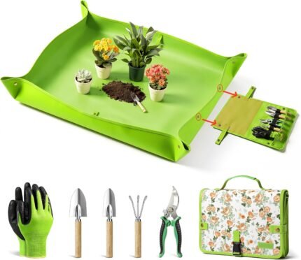 Grenebo 7-Piece Gardening Tools Set, Gift for Women, Beginners, Tools Kit with Plant Repotting Mat & Tool Bag, Stainless Steel Gardening Hand Tools for Indoor Transplanting, Succulent Bonsai Plants