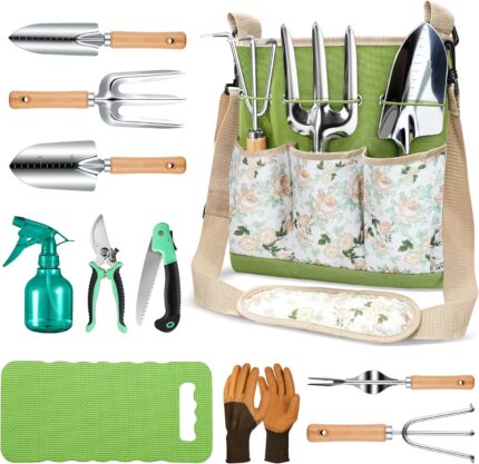 Grenebo All-in-One Garden Tool Set, 11-Piece Heavy Duty Gardening Tools with Ergonomic Canvas Shoulder Crossbody Bag, Rust-Proof Premium Garden Tool Kit, Gardening Gift for Women Men, Green, GR003
