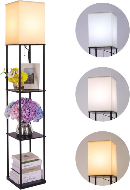 Gupuzm Floor Lamp with Shelves, Modern Square Standing Lamp with 3 Color Temperature Bulb, Corner Display Bookshelf Lamp for Living Room, Bedroom and Office (Black)