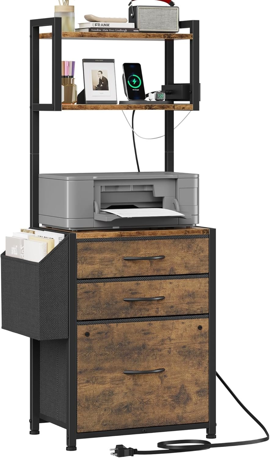 HIGDBFE 3 Drawer File Cabinet with Charging Station, 45''H, 3-Tier