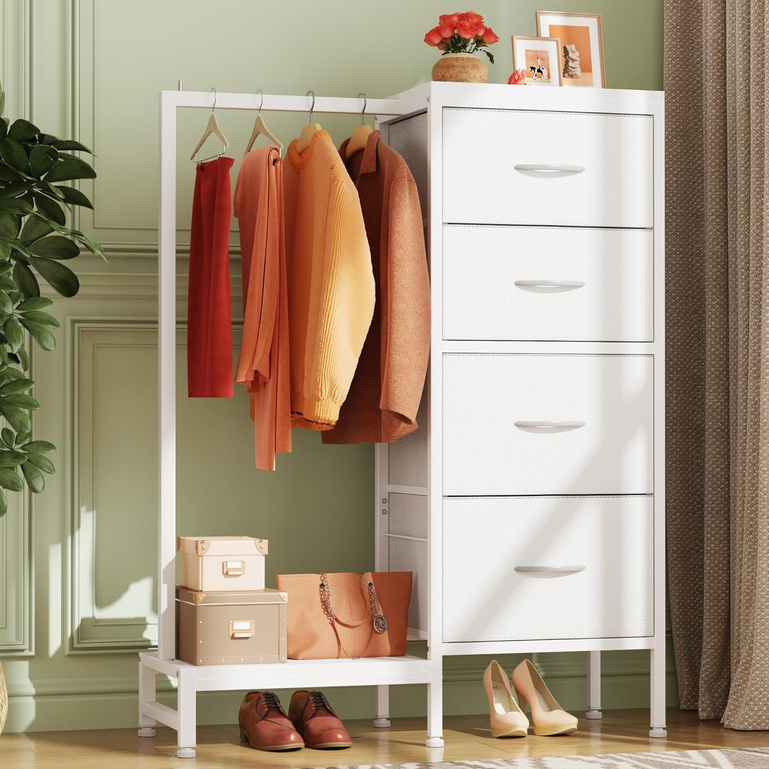 HIGDBFE Tall Dresser 44''H with Hanging Rack, 4 Drawers Small