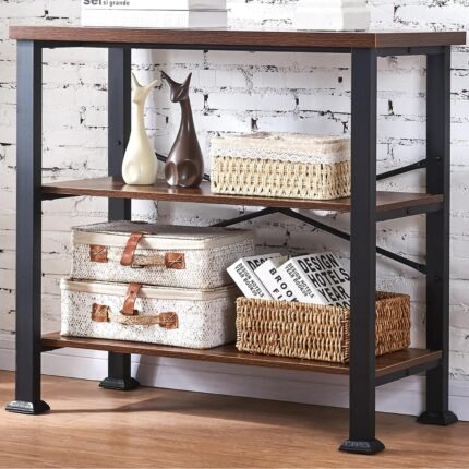 HOMBAZAAR 3 Tier Bookshelf,Rustic Brown Industrial Book Shelf,Engineered Wood and Metal Small Bookcases,Low Shelf Bookcase for Living Room,Office,Bedroom and Kitchen