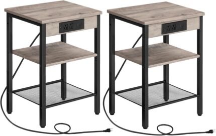 HOOBRO Side Tables Set of 2 with Charging Station and USB Port, Small End Tables for Small Space, 3-Tier Nightstands with Adjustable Shelf, for Living Room, Bedroom, Greige and Black BG112BZP201