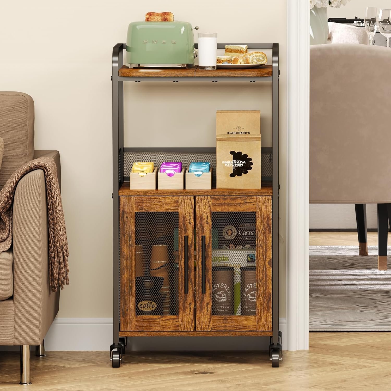 Hencawima Small Coffee Bar Cabinet with Storage, 3-Tier Rolling Coffee