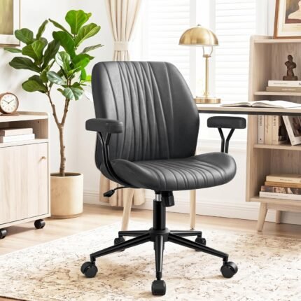HeroSet Home Office Desk Chair with Removable Armrests, Modern PU Leather Executive Chair, Height-Adjustable Rocking Swivel, Mid-Back Ergonomic Computer Chair with Lumbar Support, Gray