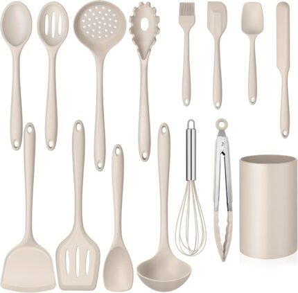 Homikit 15-Piece Kitchen Cooking Utensils Set with Holder, Heat Resistant Food Grade Silicone Kitchen Utensils include Slotted Spatula Ladle Turner for Nonstick Cookware, Dishwasher Safe- Khaki