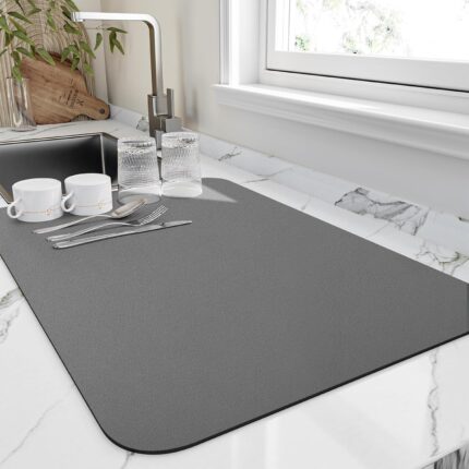 HotLive Dish Drying Mat for Kitchen Counter, Heat Resistant Drainer Mats with Non-slip Rubber Backed, Hide Stain Kitchen Super Absorbent Draining Mat, Easy to Clean Dish Rack Pad, Dark Grey 16"x18"