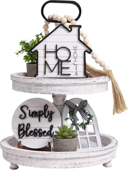 Houmury Rustic Farmhouse Tiered Tray Set with Succulent & Plant - Home Decor for Kitchens (Set of 8 Without Trays)