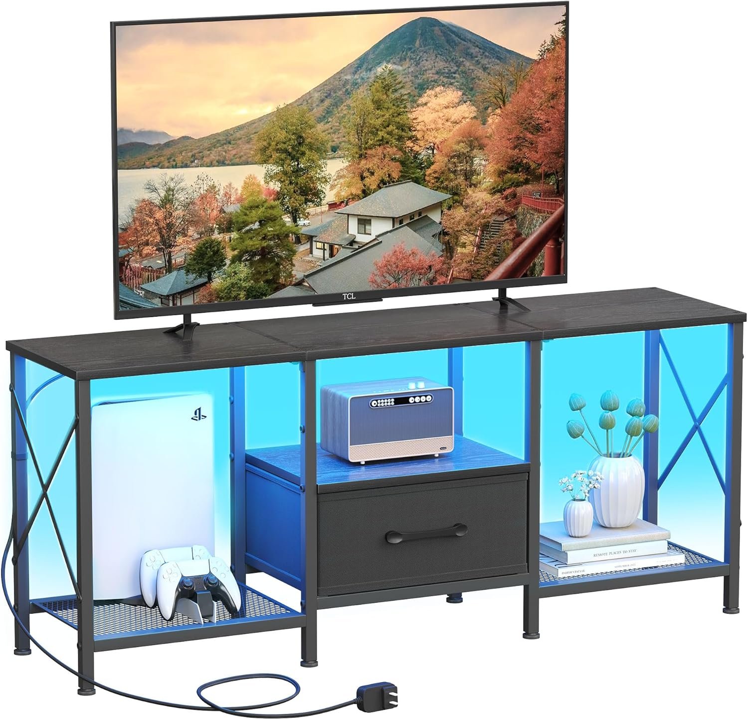 JARHETUN LED TV Stand with Fabric Drawer, Entertainment Center for