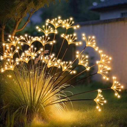 JJGoo Solar Garden Lights, New Upgraded 2 Pack Solar Swaying Starburst Light, Waterproof Fireworks Outdoor Lights, Yard Patio Pathway Decoration, Warm White