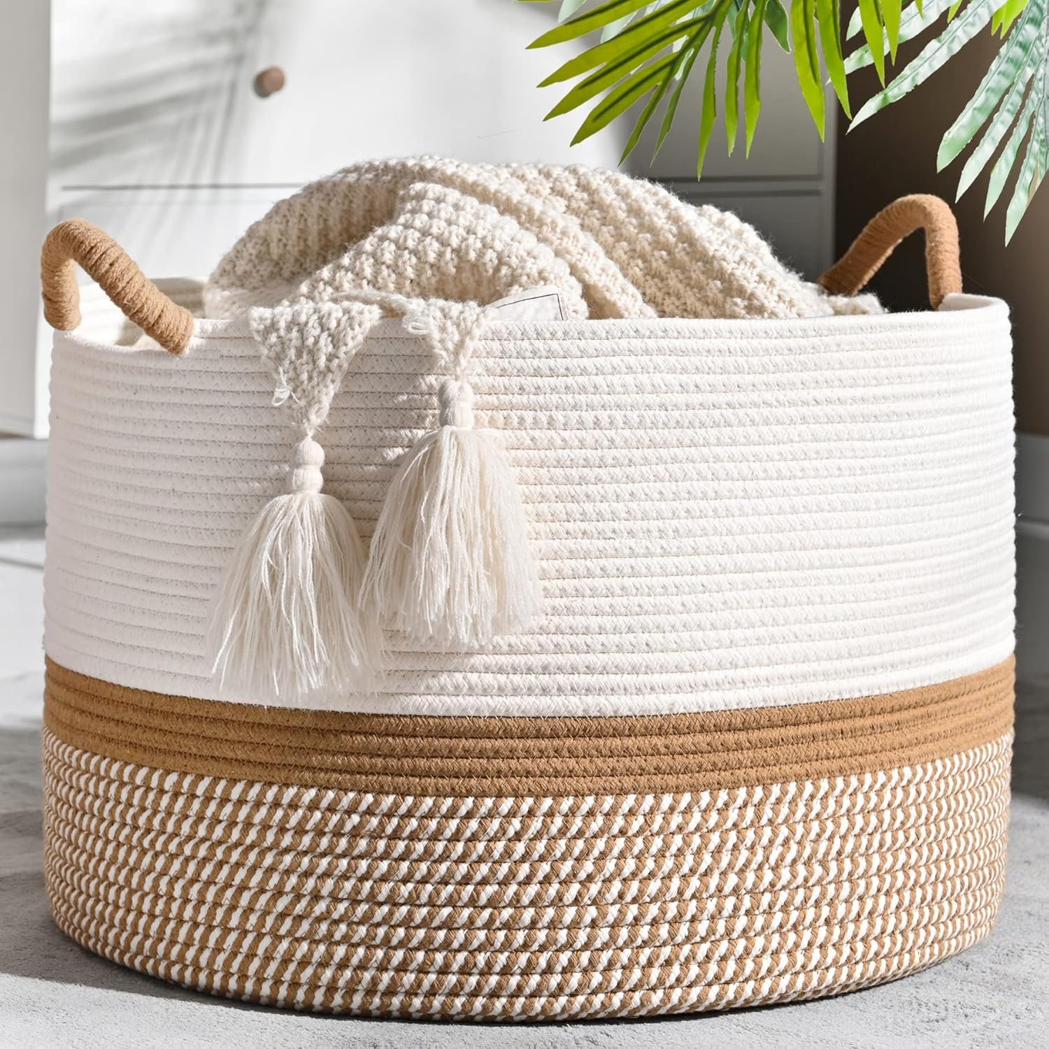 KAKAMAY Large Blanket Basket (20"x13"),Woven Baskets for storage Baby Laundry