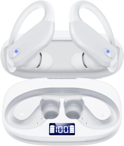 KTGEE Bluetooth Earbuds with Ear Hooks, Wireless Sport Headphones with LED Display Charging Case, HiFi Stereo, Noise Cancelling, IPX7 Waterproof, in-Ear Workout Earphones with Mic-White
