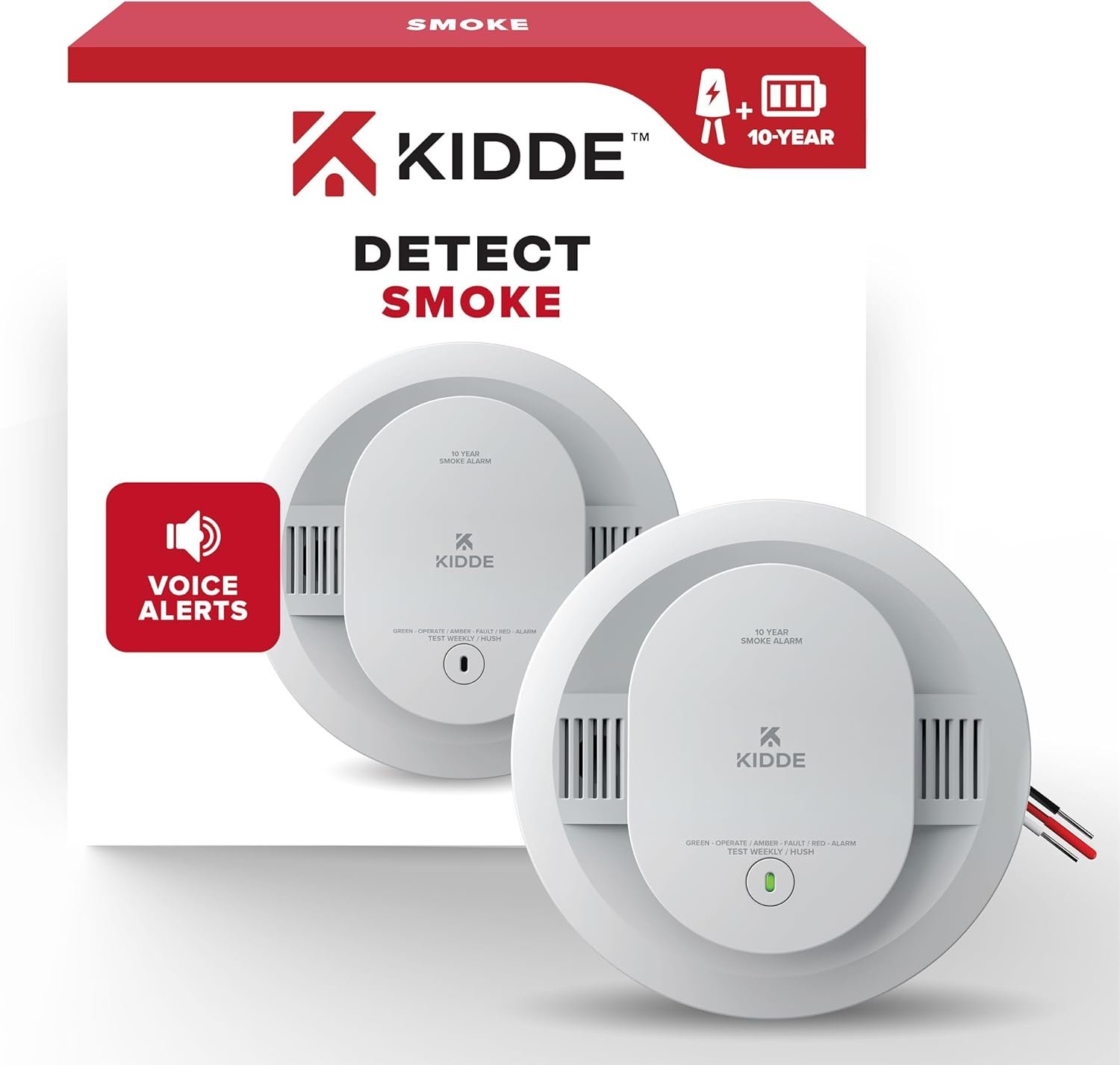 Kidde Smoke Detector, Hardwired with 10-Year Battery Backup, Voice Alerts,