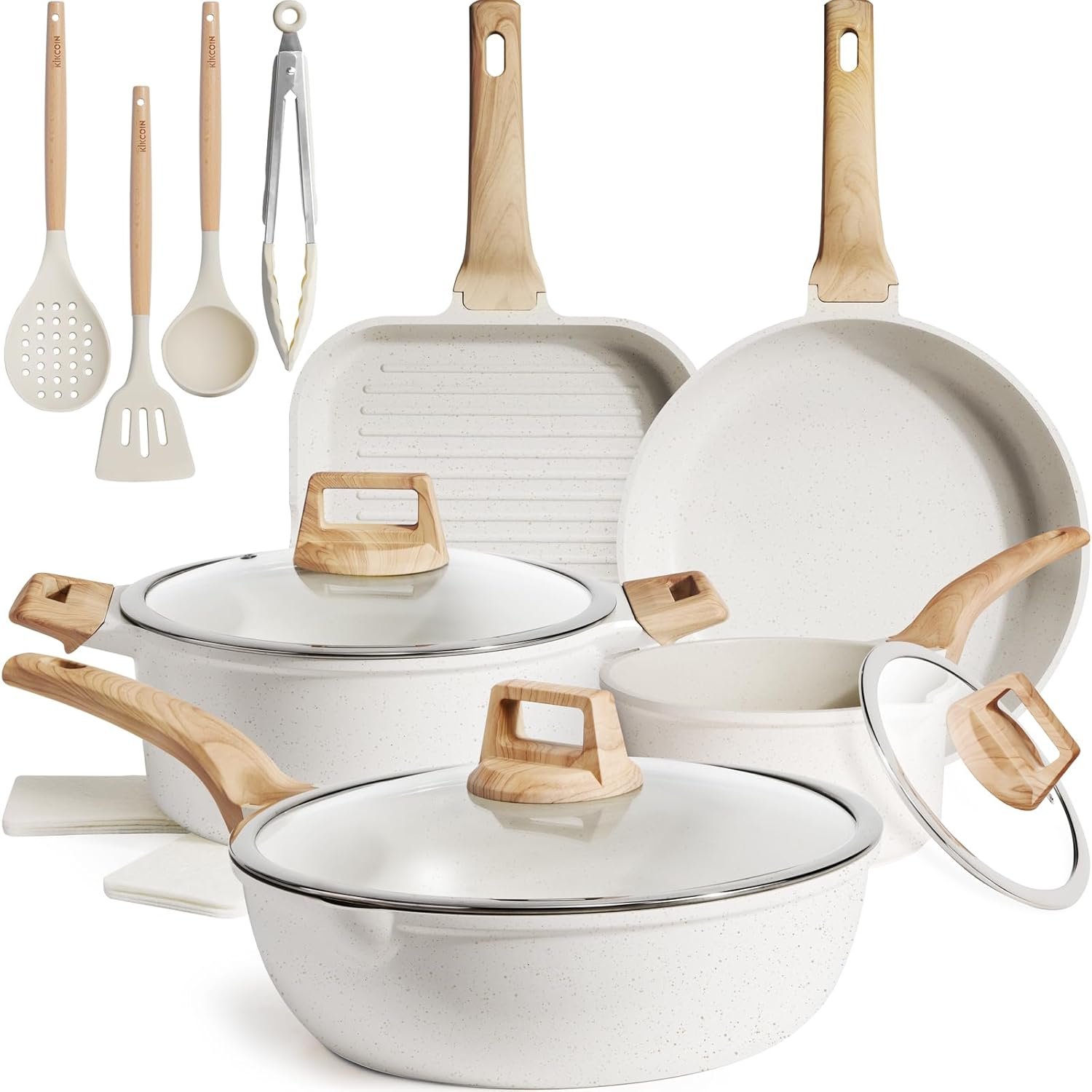 Kikcoin 16Pcs Ceramic Pots and Pans Set Non Stick, Includes