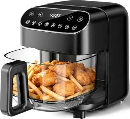 Kismile 5QT Glass Air Fryer, BPA-Free Non Toxic AirFryer with Digital Touch Control, 1500W Portable Airfryer, Dishwasher Safe Basket, Up to 400°F, Cooks with 95% Less Oil(Black)