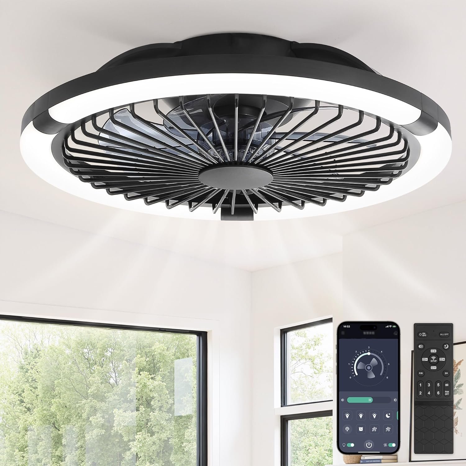 LEDIARY 20" Bladeless Ceiling Fan with Light,Low Profile LED Ceiling