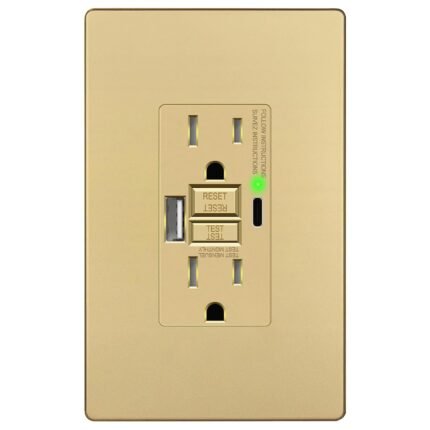 LIDER 15A GFCI USB Outlet, Tamper-Resistant, Self-Test, 4.2A USB A&C, LED Indicator, Anti-Interference (No-False-Trip) Protection, Screwless Wall Plate, ETL Listed, Thermoplastic, Matte Gold, 1-Pack