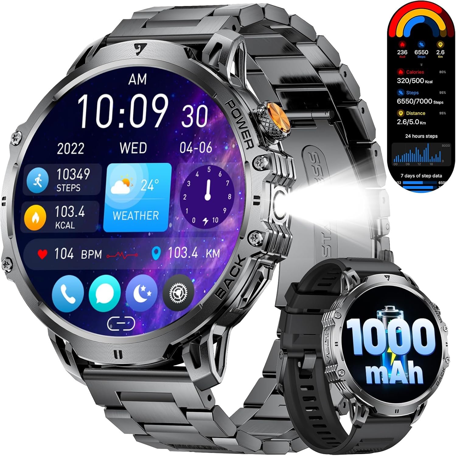 LIGE Military Smart Watches for Men(2 Bands),1000mAh/1.85" HD Large Screen