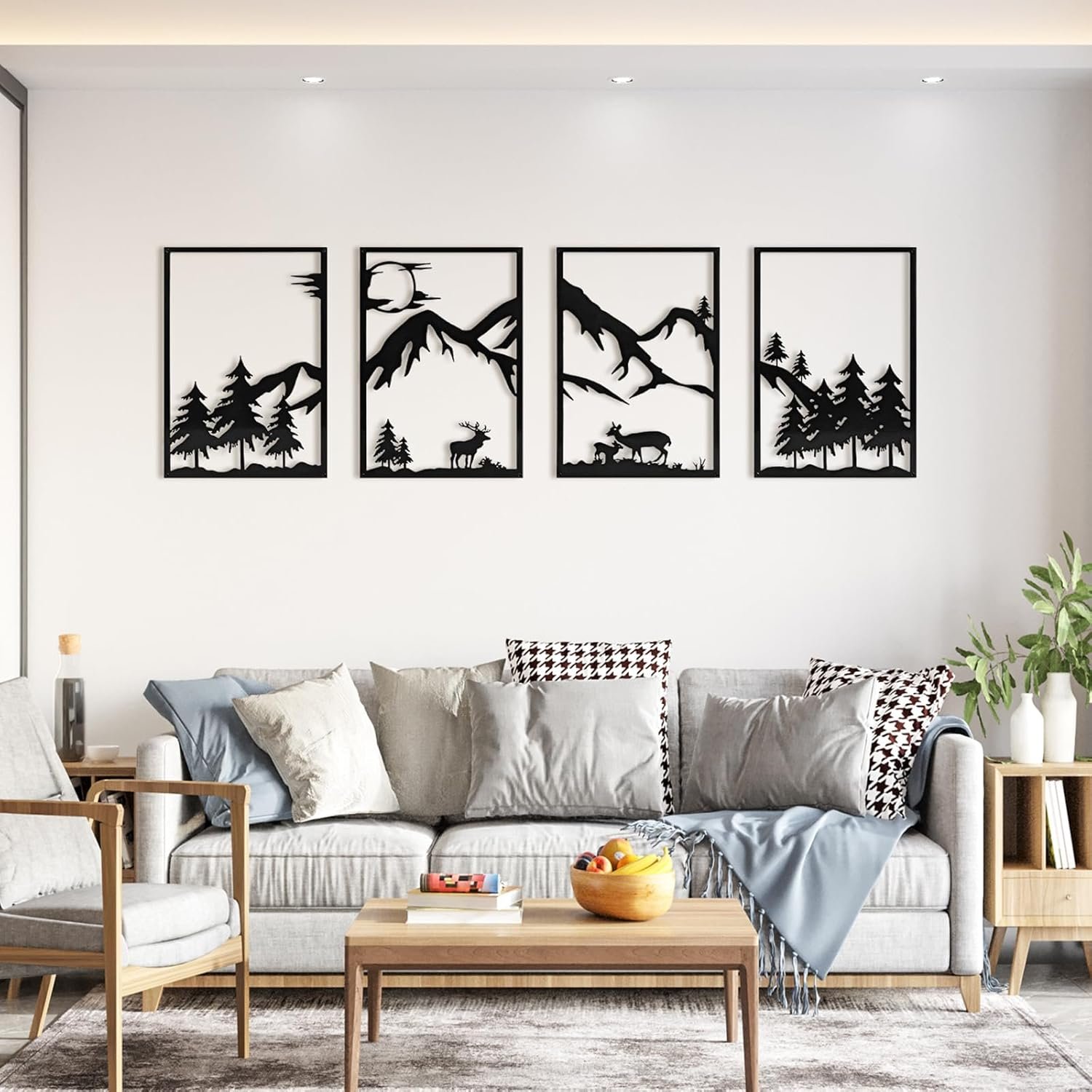 LONGKING 4 Pack Metal Wall Art, Mountain Iron Wall Sculpture,