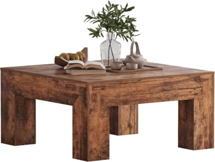 LUMTOK Wooden Square Coffee Table,35.5 inch Farmhouse Low Cocktail with Thick Base for Living Room (Rustic Brown)