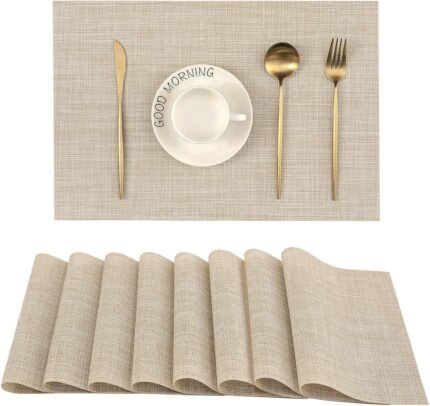 Leetaltree Beige Placemats Set of 8 - Heat Resistant Non-Slip Place mats for Dining Table, Washable Durable PVC Vinyl Woven Table Mats（Beige, 8）