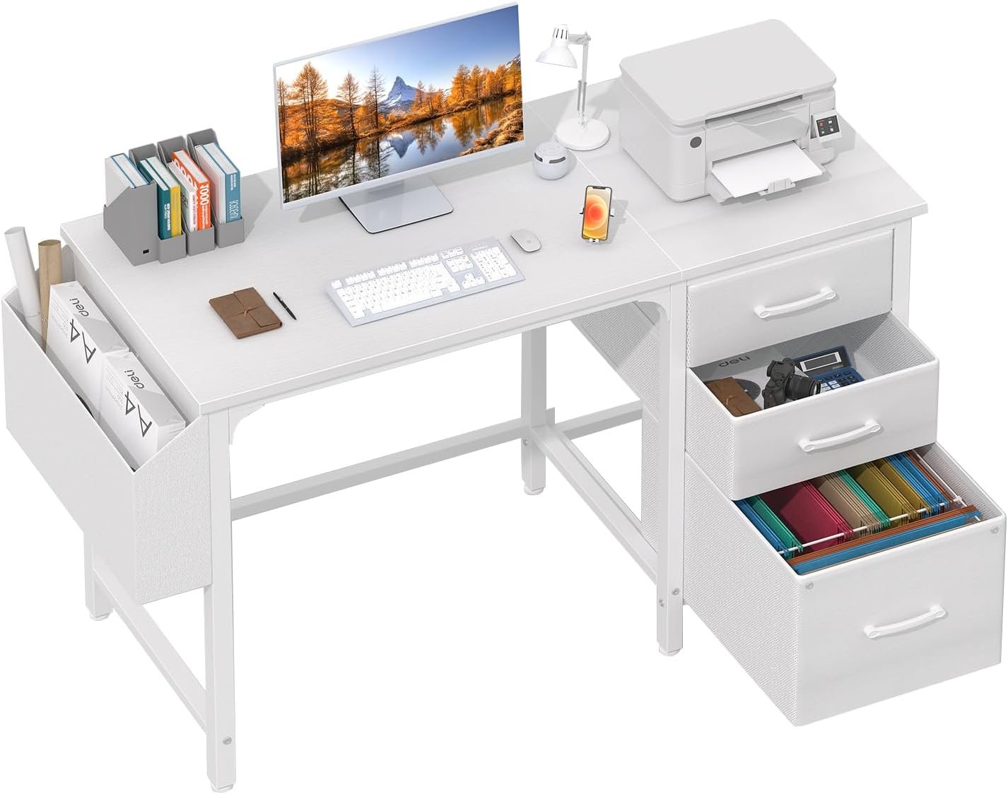 Lufeiya White Desk with File Drawers Cabinet, 47 Inch Reversible