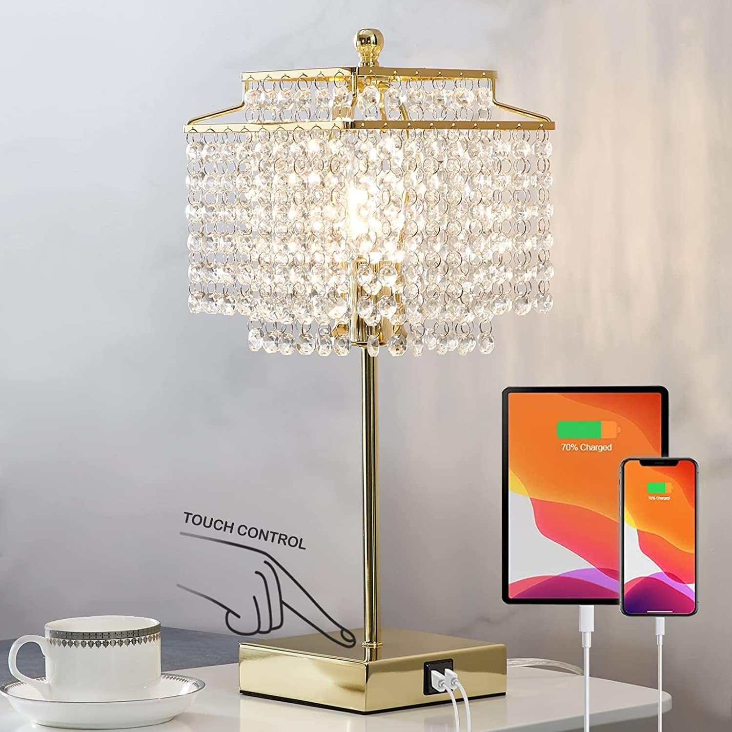 Luvkczc Crystal Touch Table Lamp, Bedside Lamps with with USB