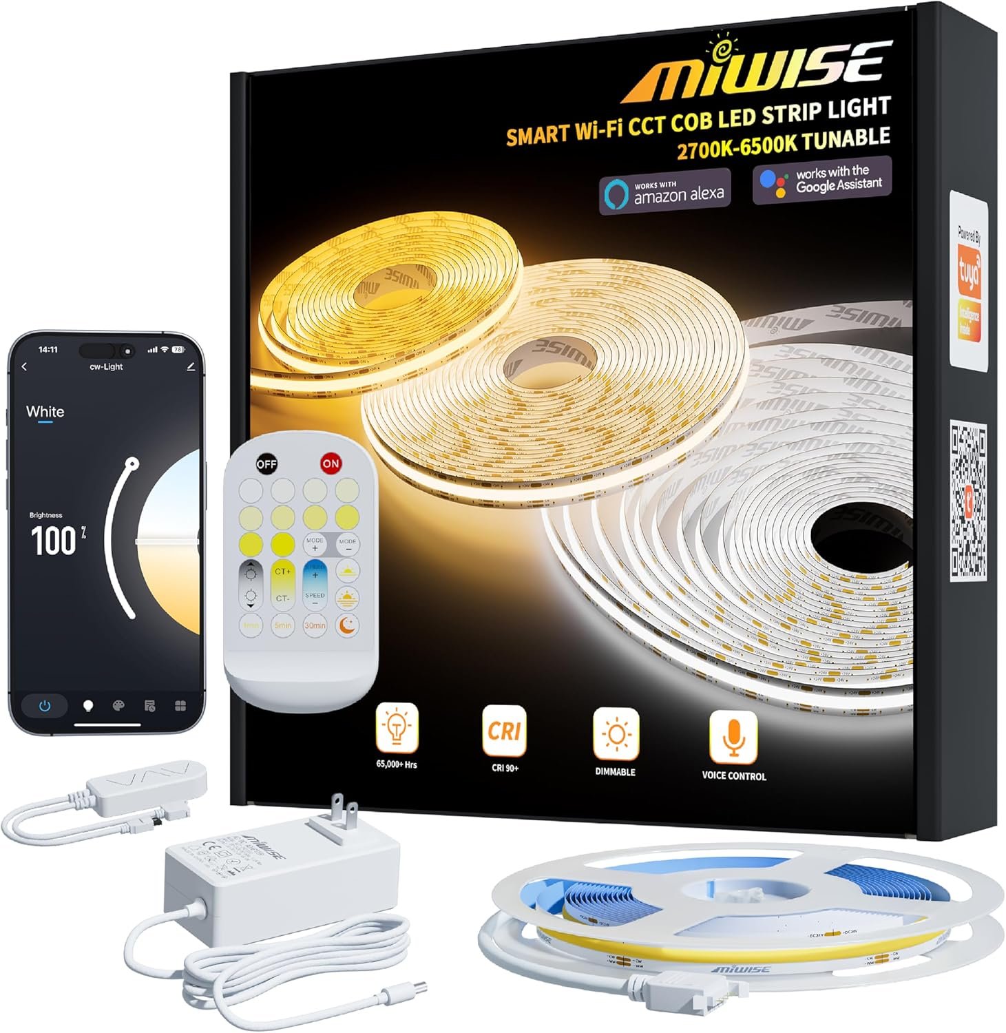 MIWISE CCT COB LED Strip Light Tunable White,20ft/6.1m Dimmable 2700K-6500K