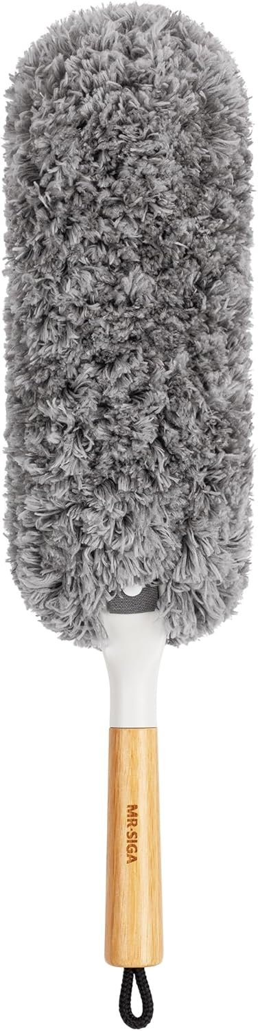 MR.SIGA Lint Free Microfiber Duster, Washable and Reusable Duster with Bamboo Handle and Replaceable Head, Duster for Household Cleaning