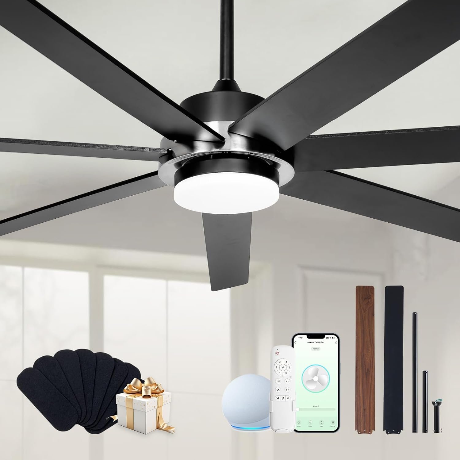 Minislak 72" Black Smart Ceiling Fan with Light and Remote