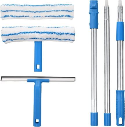 Mitclear Window Cleaner with Long Handle(57IN), Glass Cleaning Tools with Silicone Squeegee & Microfiber Scrubber, Window Cleaning Kit for Shower Glass Mirror Door Car