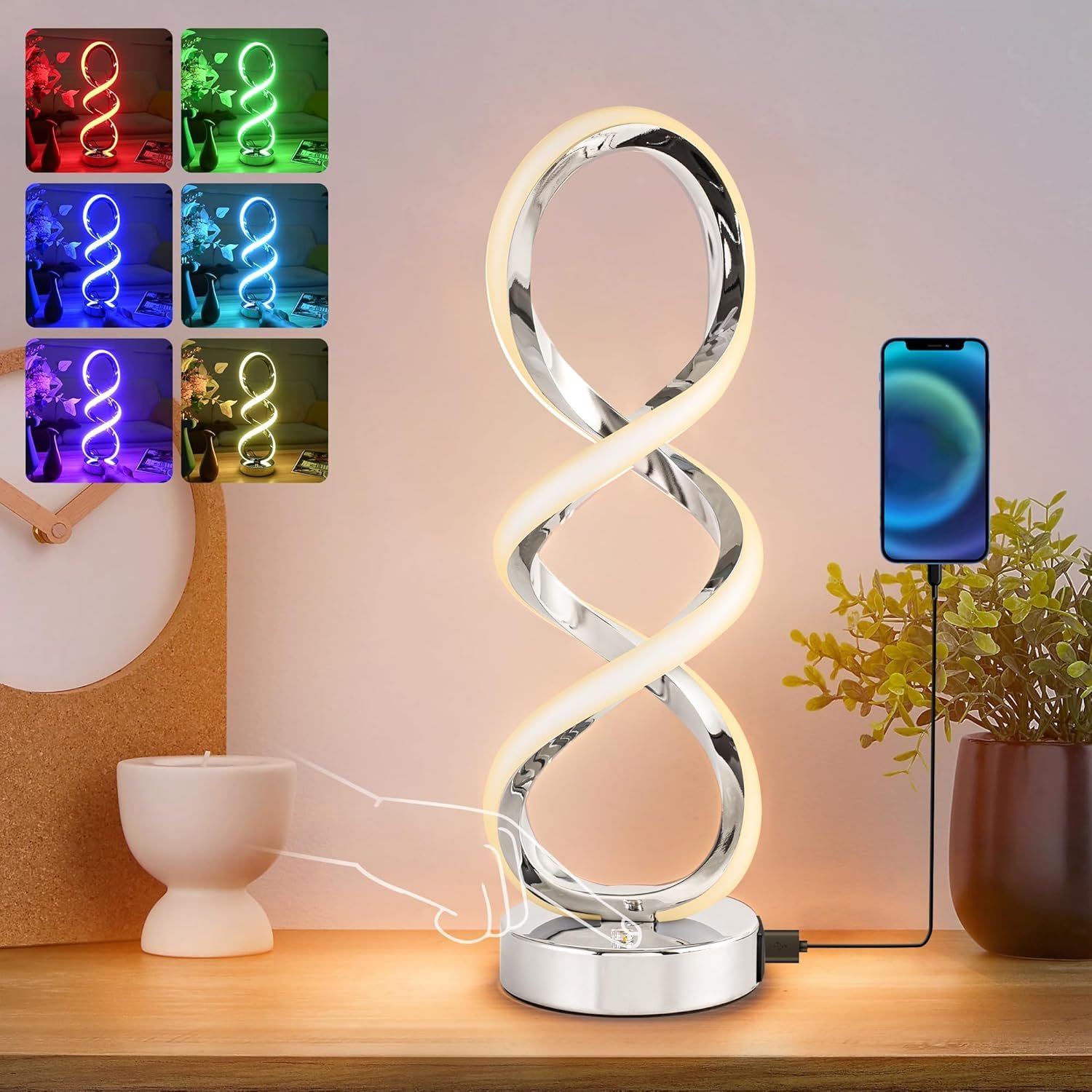 Modern Spiral RGB Table Lamp, Touch Dimmable Bedside Lamp, 7