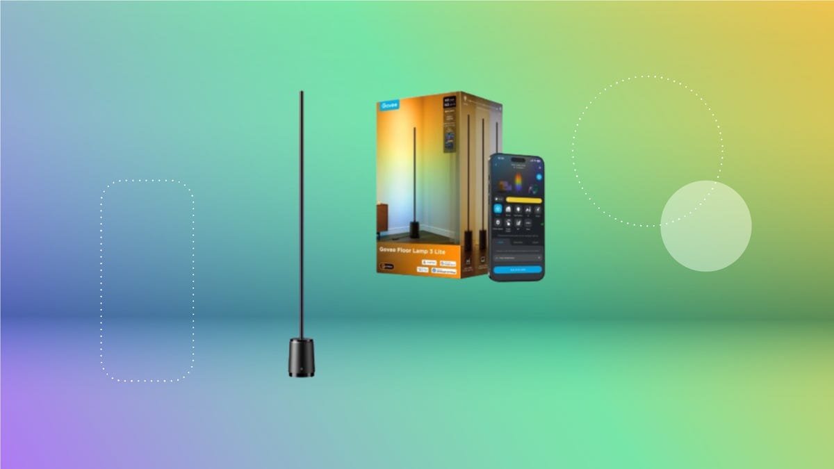 Govee floor lamp on display next to box and smartphone showing Govee app against a gradient purple, blue, green and yellow background