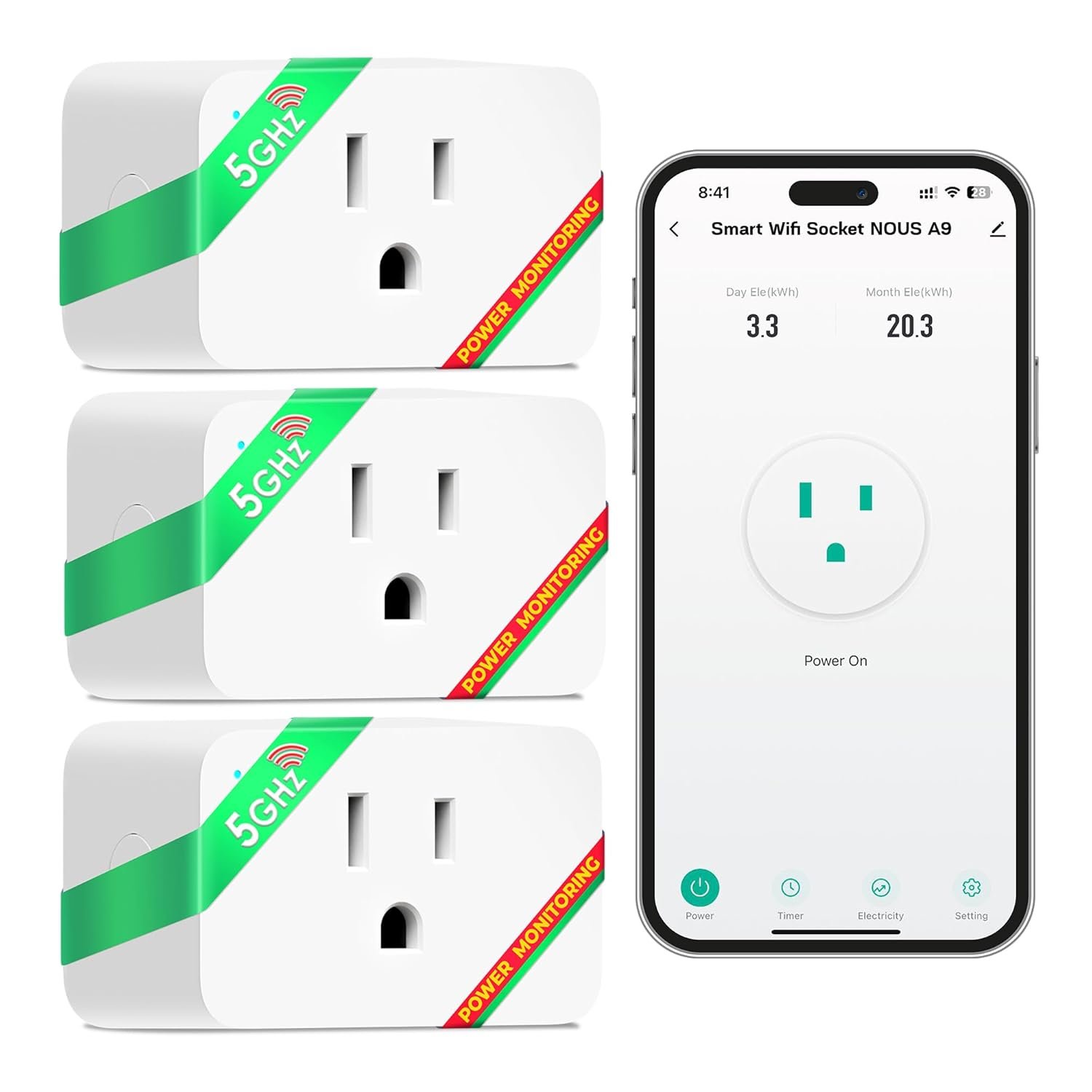 NOUS Wi-Fi Smart Plug 15A, Dual-Band 2.4GHz & 5GHz, Energy