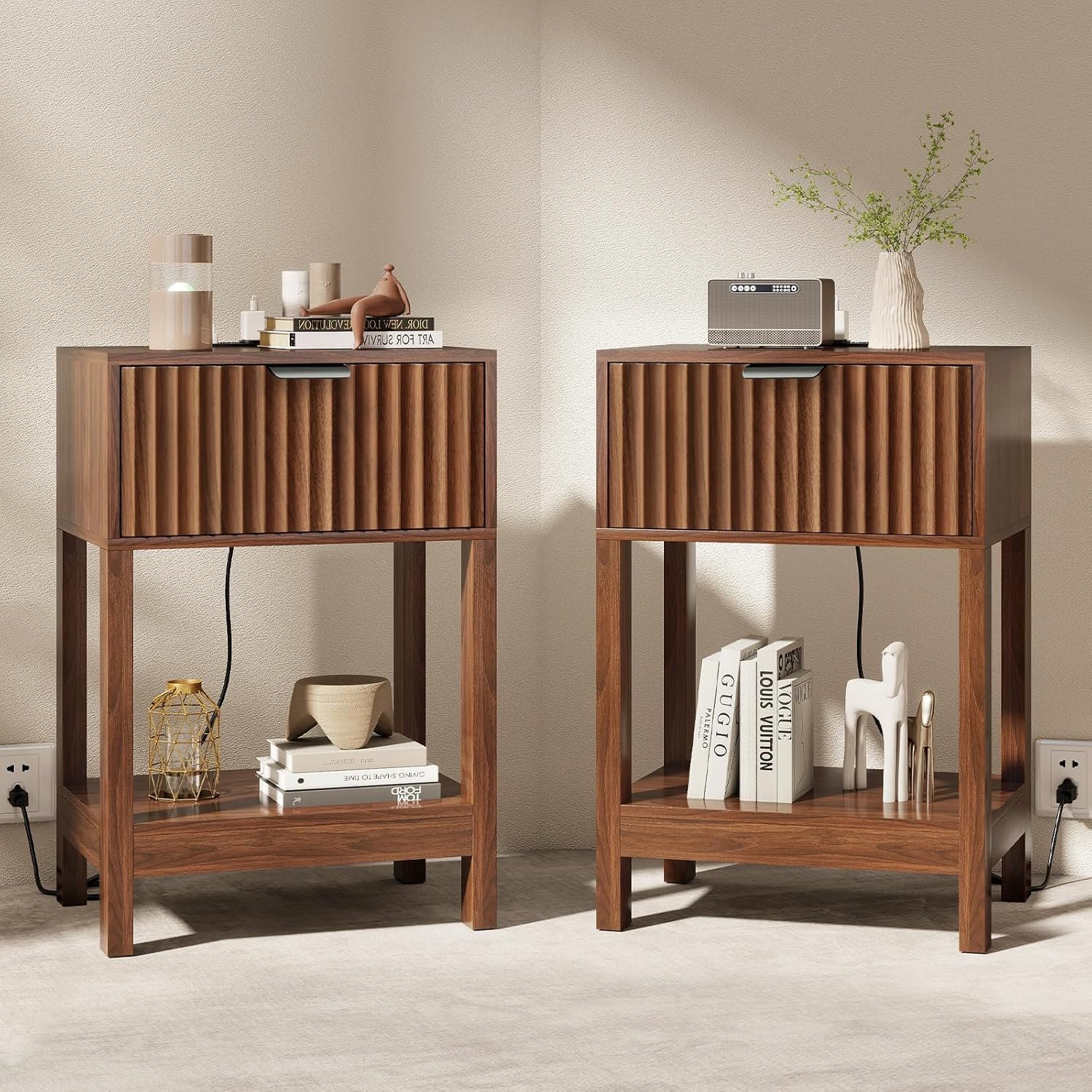 Nasonet Night Stand Set 2, Fluted Nightstand with Charging Station,