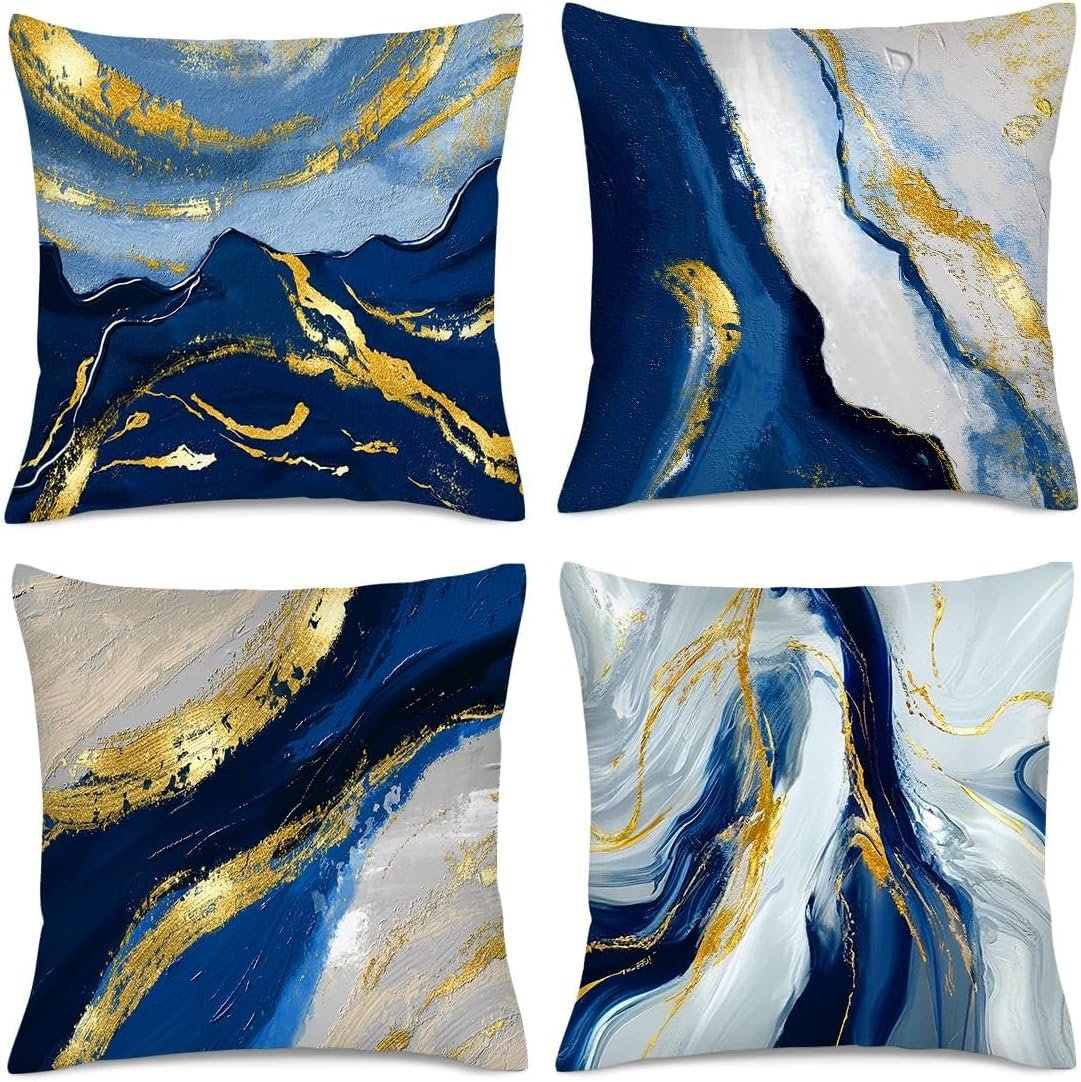 Navy Blue and Gold Throw Pillow Covers 18x18 Inches Set