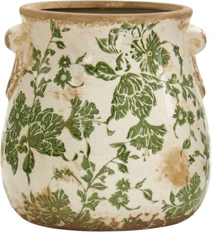 Nearly Natural 6.5in Ceramic Decorative Vase Tuscan Style Green Floral Scroll Design for Indoor Home Decor Centerpieces Tables Small Flower Vases