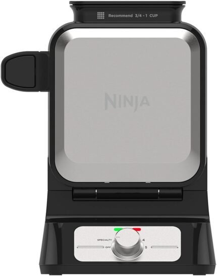 Ninja Belgian Waffle Maker Pro | Vertical Design | 5 Shade Settings with Precision-Pour Cup & Chef-curated Recipe Guide | Black & Silver | BW1001