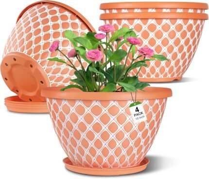 Nooulap 4 Pack 10 Inch Flower Pots with Drainage, Plastic Planters for Indoor Outdoor Plants, Orange Lattice Design Plant Pots for Balcony Patio Porch Garden Decor