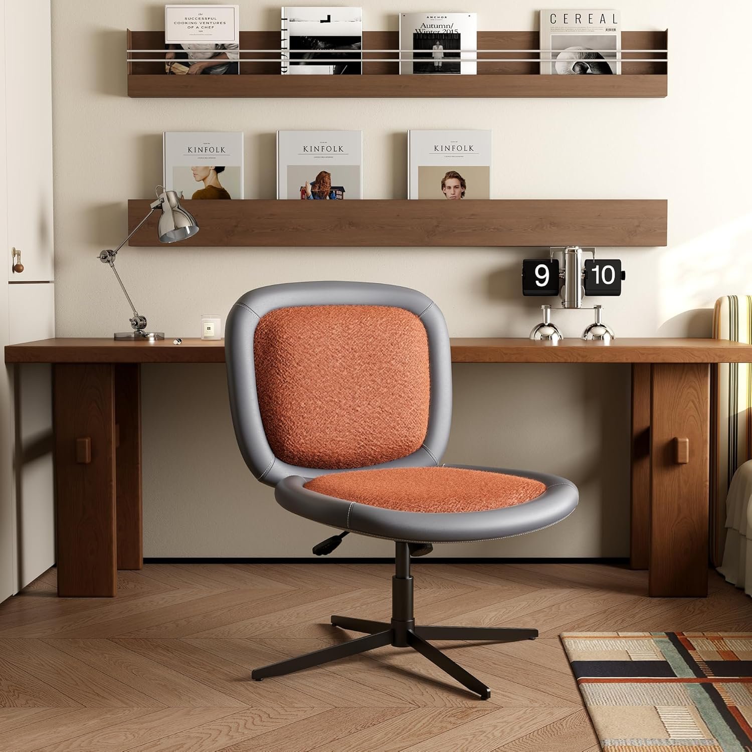 Nordic Armless Ergonomic Office Chair with Wheels, Diamond Tufted PU