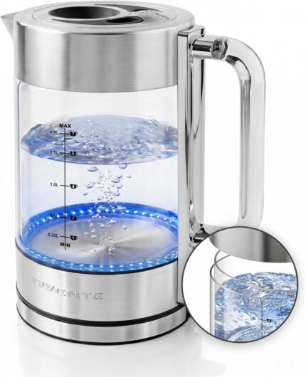 OVENTE Electric Kettle, 1.7L Double Wall Glass Tea Kettle with Stainless Steel Base, Acrylic Handle, 1500W Cordless Fast Boil Borosilicate Water Boiler, Easy Fill Lid & Auto Shut-Off, Silver KG912S