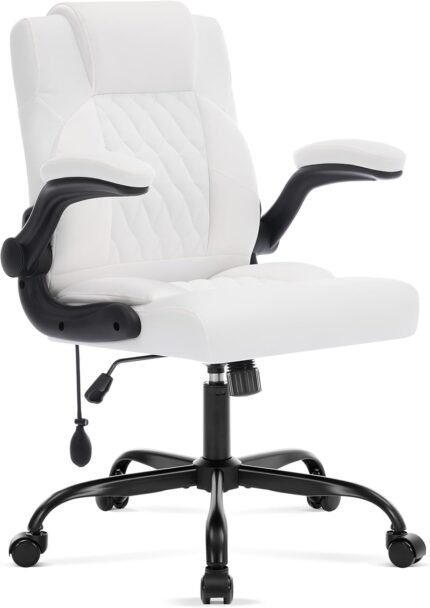 Office Chair with Adjustable Inflatable Lumbar Support,Leather Ergonomic Computer Desk Chair with Flip-up Arms,Adjustable Tilt Lock,Swivel Rolling Executive PC Chair for Work,Study,Meeting.White