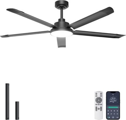 Ohniyou 60'' Ceiling Fan with Lights, Industrial Ceiling Fan with 5 Aluminum Blades, App/Remote Controlled, Dimmable, for Outdoor Patio, Living Room, Black