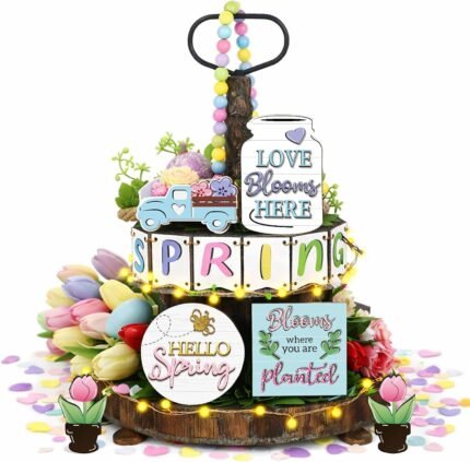 Patelai Spring Tiered Tray Decor Set Wooden Pastel Hello Spring Decor Truck Tulip Flower Table Signs Rustic Farmhouse Tiered Tray Decoration for Home Tabletop Living Room Kitchen Decorations