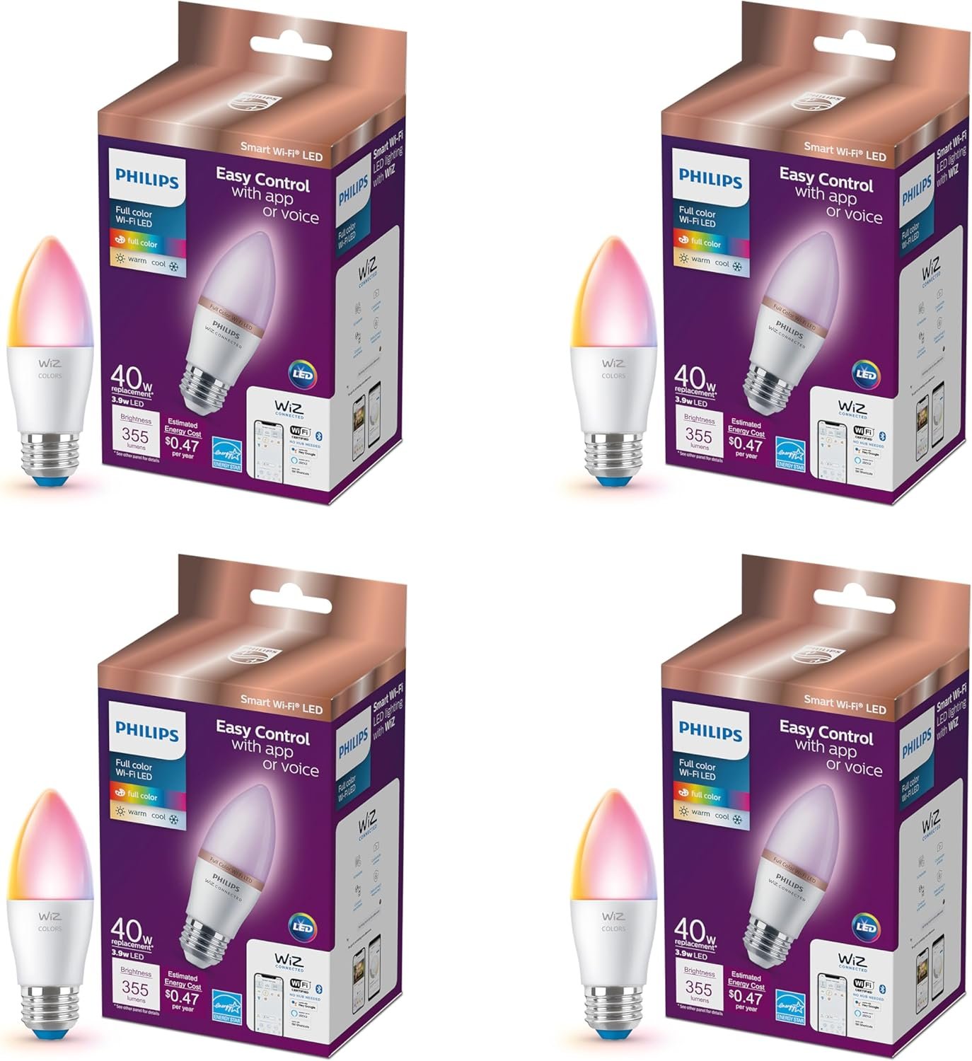 Philips Smart 40W B12 Candle-Shape 4-Pack, E26 Base, Full Color,