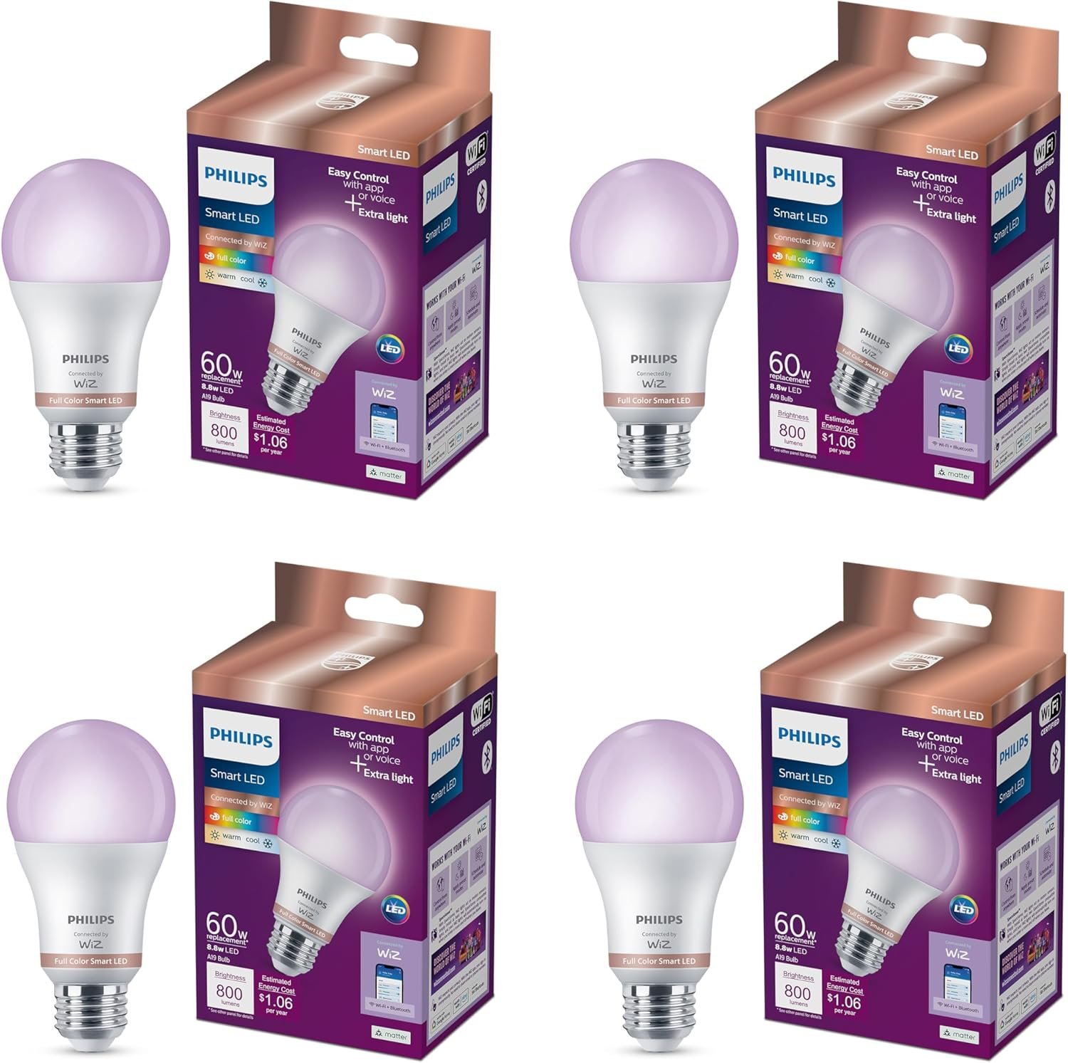 Philips Smart LED Full Color Light Bulb 4-Pack, A19 60W