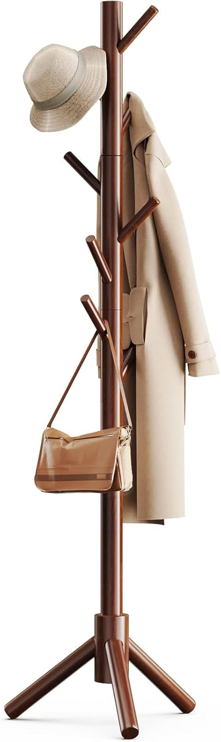 Pipishell Sturdy Wooden Coat Tree with 8 Hooks, 3 Adjustable