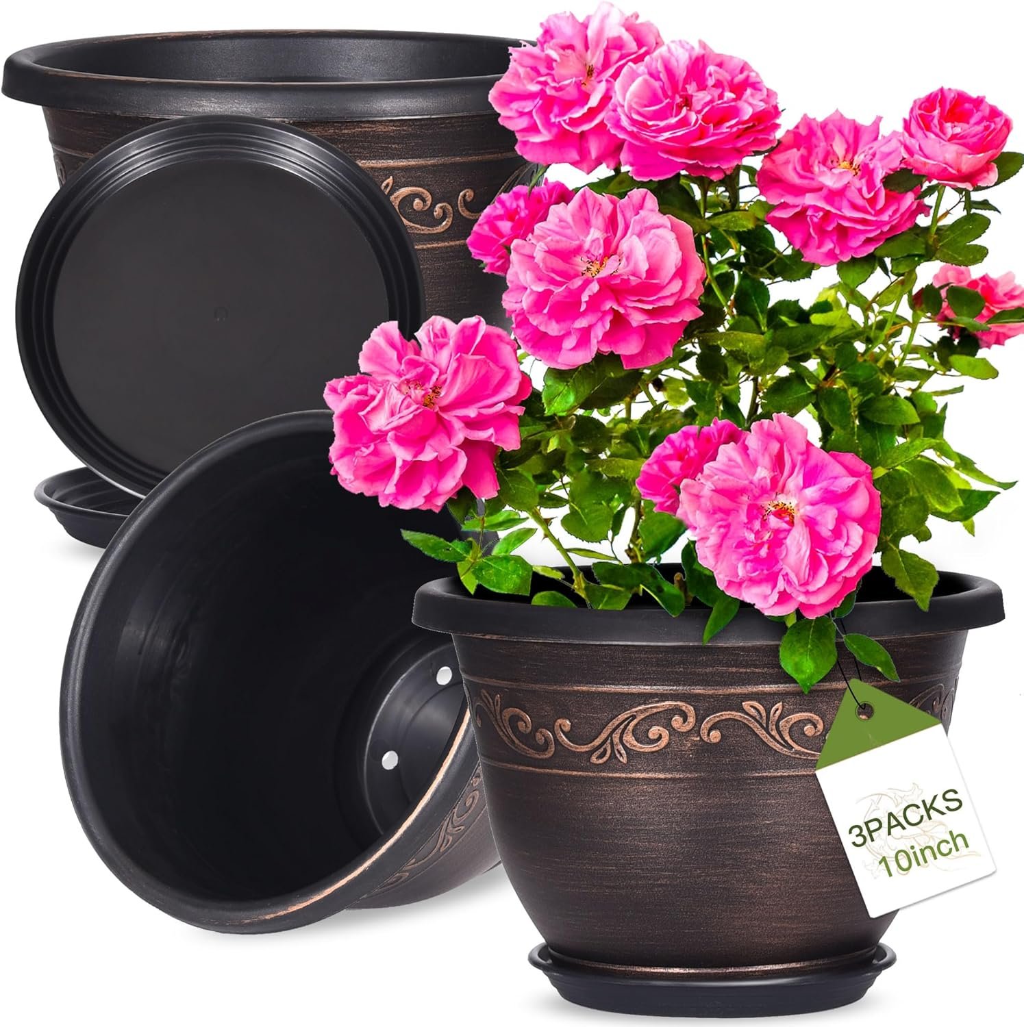 Plastic-Plant-Flower-Planters-10 Inch With Drainage Hole & Saucer, 3 Packs Lightweight