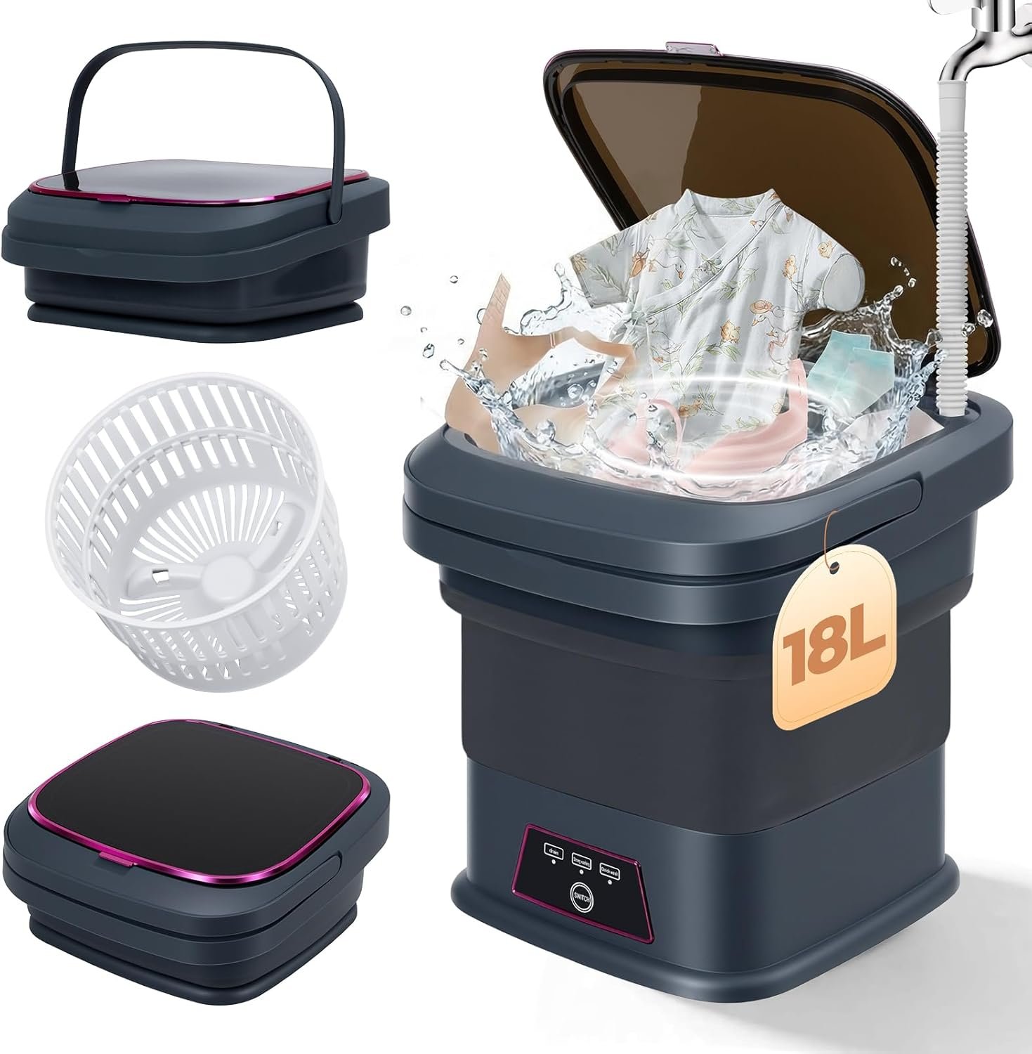 Portable Clothes Washing Machines,18L Foldable Mini Laundry Machine with Spinner