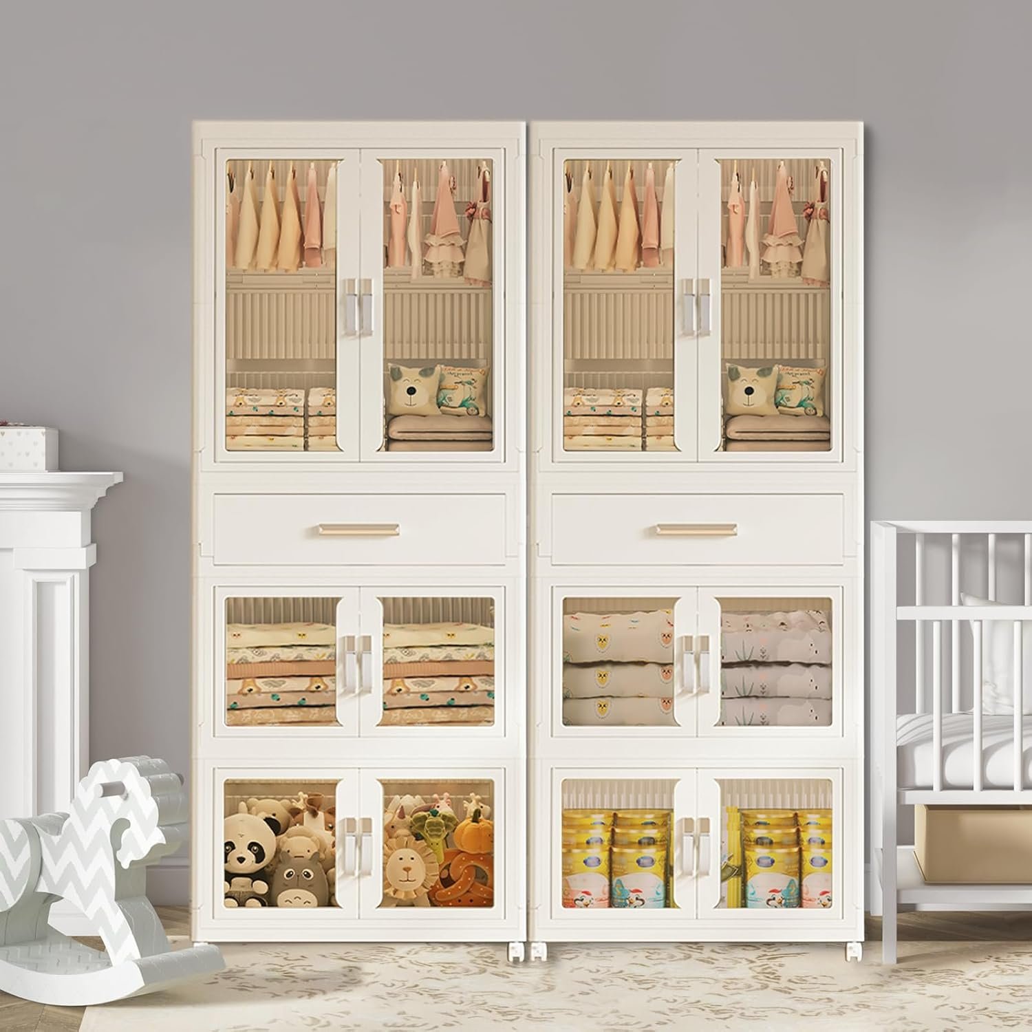 Portable Kids Wardrobe Closet with Doors, Plastic Baby Wardrobe Storage